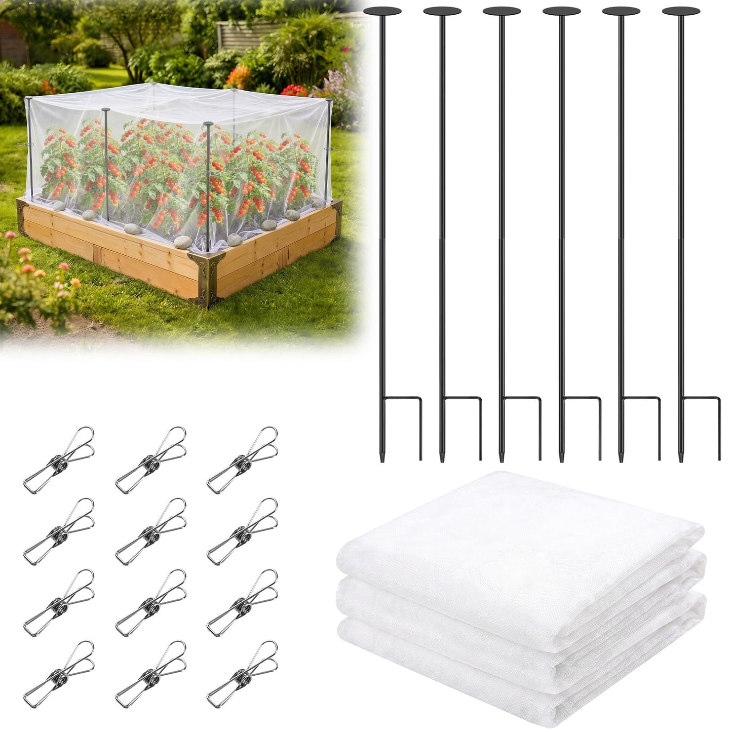 Metal Garden Netting Covers Kit for Raised Beds, 6 Pack 2.6FT Garden Poles Support Stakes with 10×13FT Insect Pest Barrier Plant Netting Mesh & 12 Clips for Vegetable Fruit Flower Garden Protection