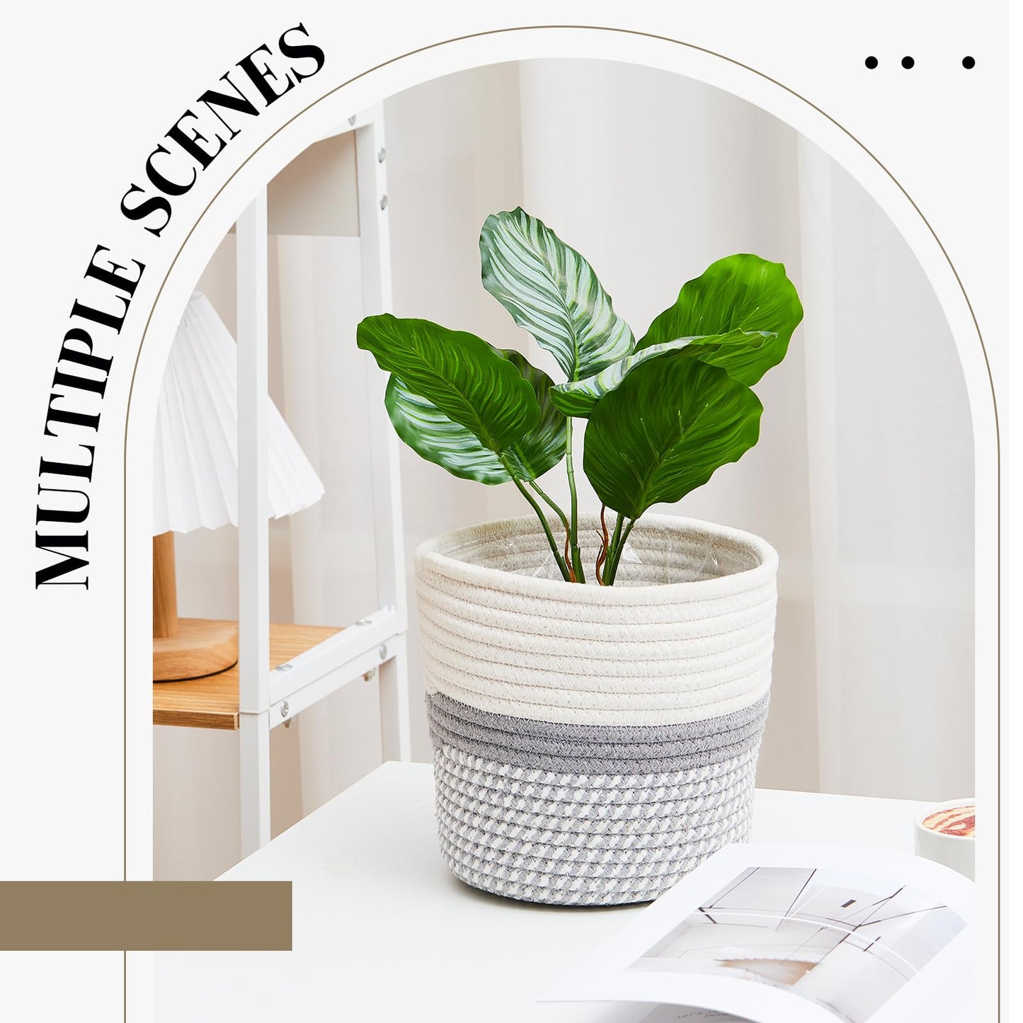 FoldTier 3 Pcs Cotton Rope Plant Basket with Plastic Liner Rustic Plant Basket Planters Modern Woven Decorative Pots for Home Flower Indoor Storage Decor, 7.5 x 6.5 Inches(White, Gray)