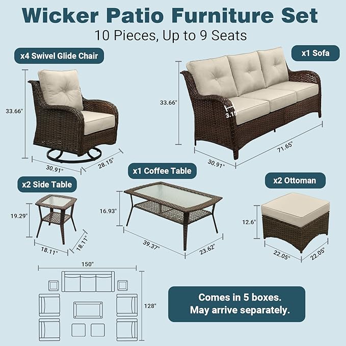 Patio Furniture Set, High Back Rattan Sofa & Swivel Rocker Chairs, Weather