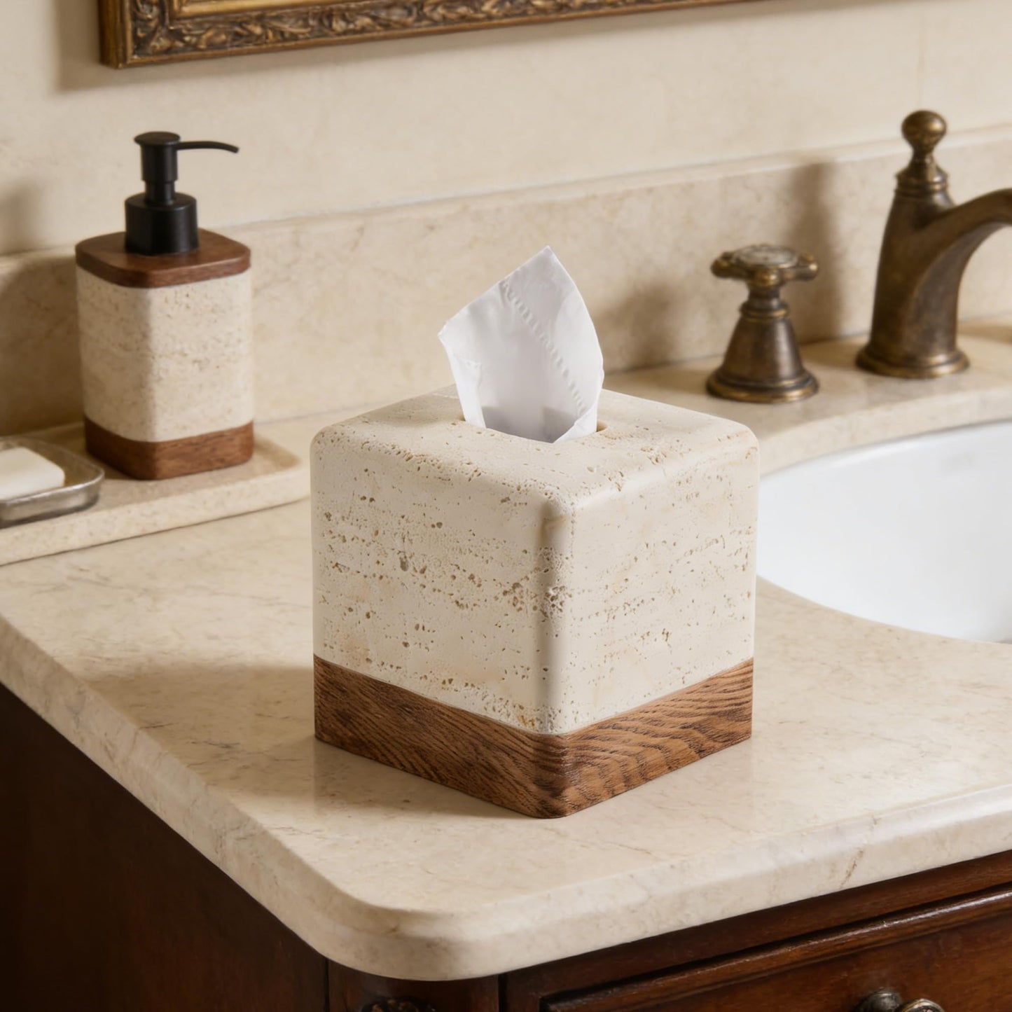 Natural Travertine Match Wooden Square Tissue Box Cover Decorative,Resin Heavy Sturdy Tissue Box Holder, Facial Paper Holder for Bathroom Vanity Countertop, Bedroom Night Stand,Office and End Table