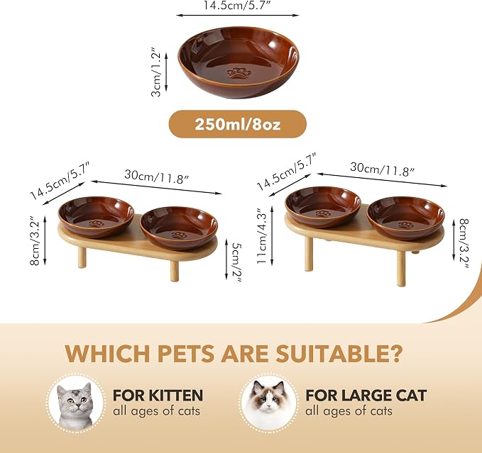 Havniva Elevated Cat Bowls Raised Ceramic Cat Bowl, 5.7” Wide Opening Cat Food Bowl Whisker Friendly Cat Dish Anti-Slip with Bamboo Stand, Shallow Pet Food & Water Bowl for Indoor Cats