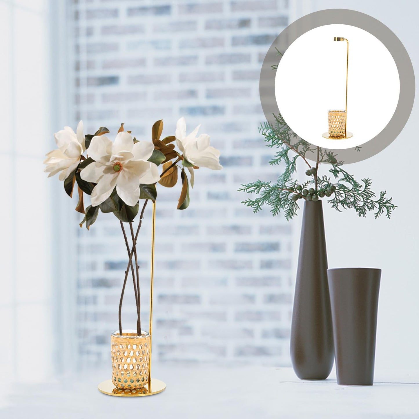 HYTROVE Nordic Style Woven Flower Vase Set with Glass Hydroponic Cup and Gold Metal Stand, Desk Planter Terrarium for Home Décor and Indoor Plant Arrangement