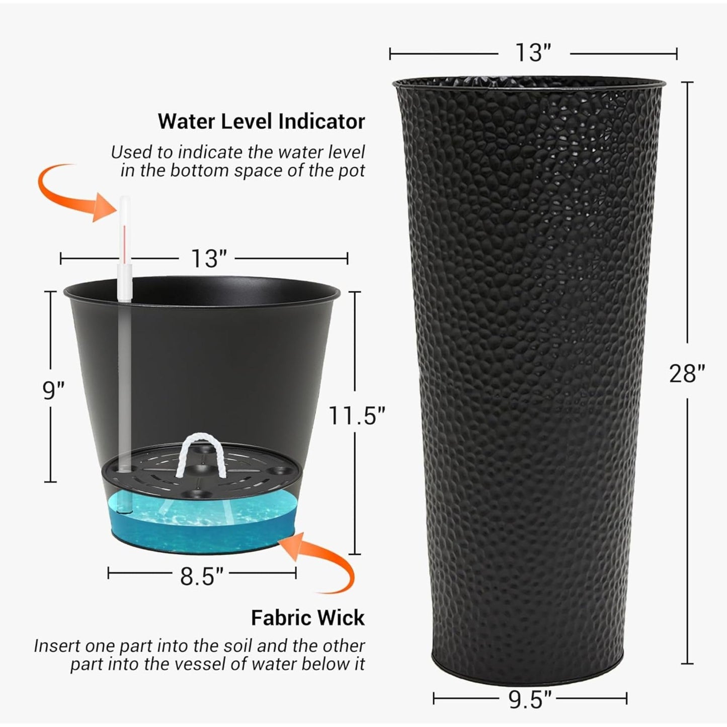 Worth 2 Pack 28" Tall Narrow Metal Planter with Inside Pot for Indoors or Outdoors, Deck, Patio or Front Porch, Hand-Hammered Texture, Black