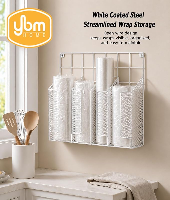 YBM HOME 4-Compartment Wall Mount Kitchen Storage Organizer Holder Basket Pantry Caddy Wrap Rack for Aluminum Foil, Sandwich Bags - White 2232