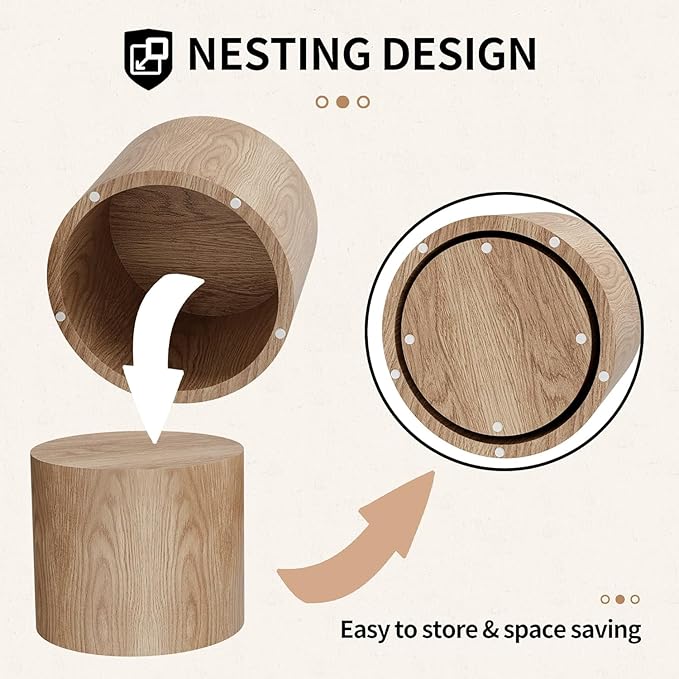 Small Round Coffee Table Nesting End Table Set of 2, Wood Side Circle Accent