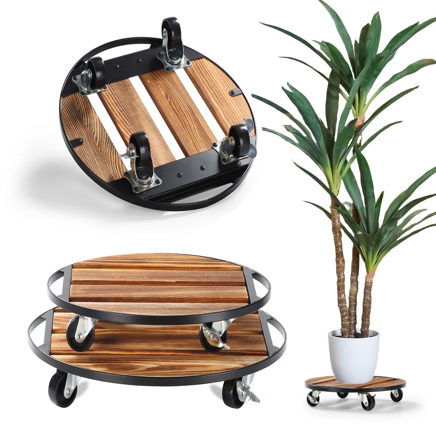 2 Pack Plant Caddy with Wheels,14" + 12" Rolling Plant Stand 264 LB Heavy Duty, Iron and Wood Round Plant Dolly with Metal 360° Lockable Wheels for Outdoor Indoor Large Plant Pots, Patio, Flower Pot