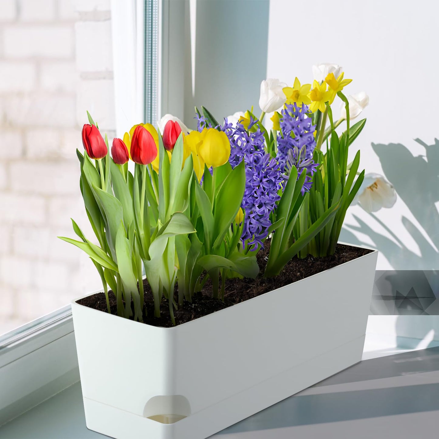 2 Pack Self Watering Pots for Indoor Plants 17 Inches Window Boxes Planters Rectangular Flower Pots Rectangle Herb Pots Large Plant Pots with Drainage Holes and Saucers Windowsill Planter, White