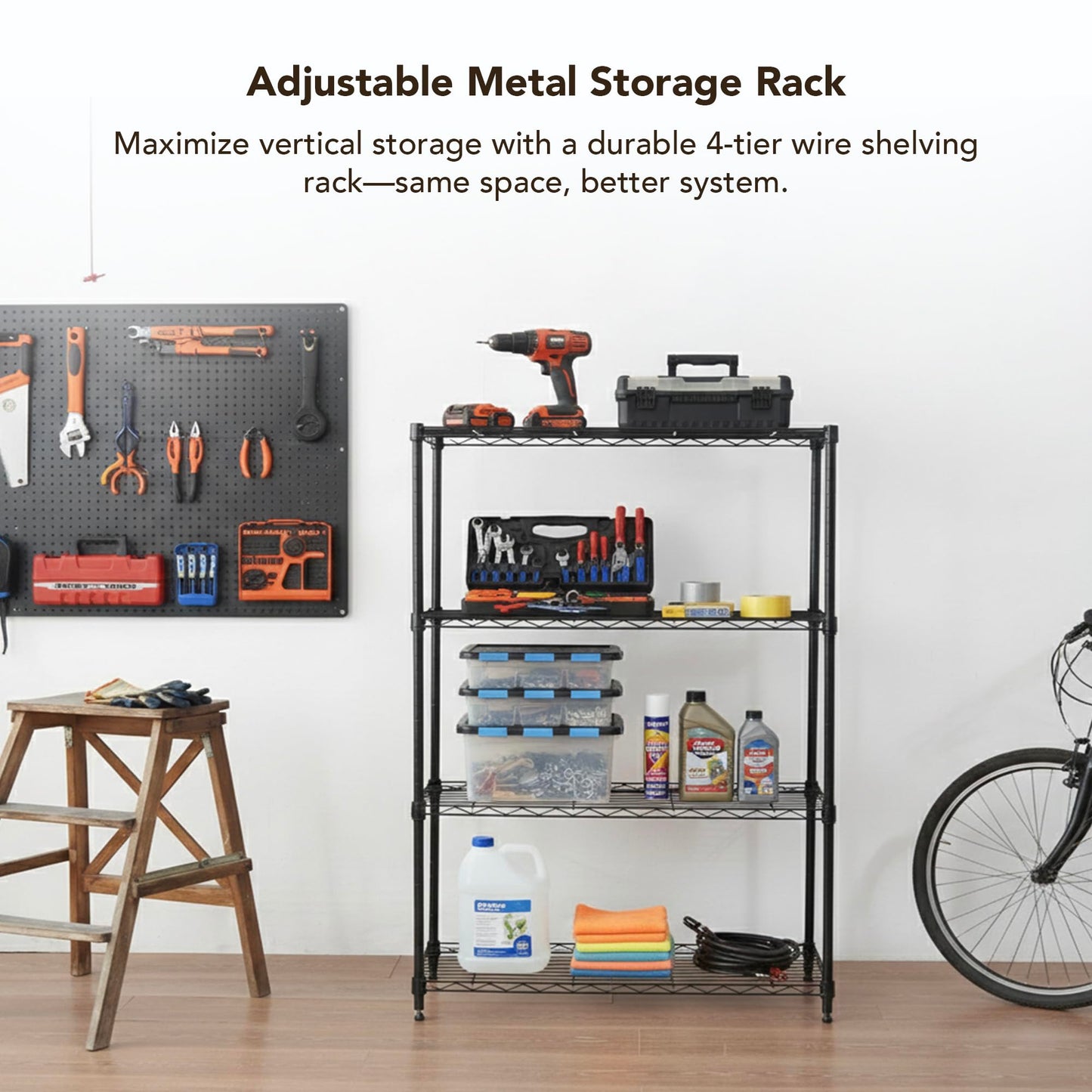 Displays By Jack 4 Tier Wire Shelving Unit Storage Rack, Metal Heavy Duty Utility Organization Units for Products Plant Standing Shelf, Pantry, Garage, Shelf Stand, Black, 14" W x 30" L X 48" H