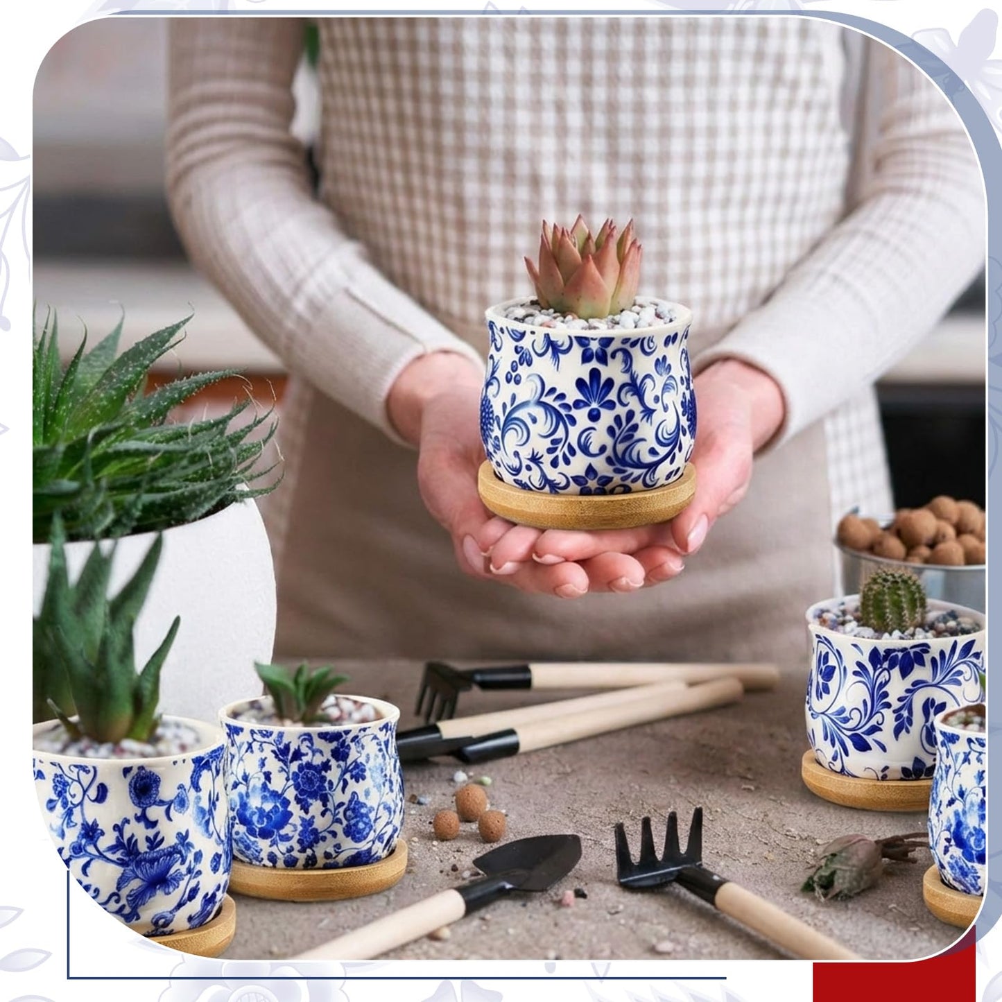 Ferrochef 12 Pcs 3" Ceramic Chinoiserie Succulent Plant Pot Blue and White Porcelain Planter with Bamboo Tray Drainage Hole Mini Chinese Flower Jardiniere for Cactus Herbs Home Office Indoor Decor
