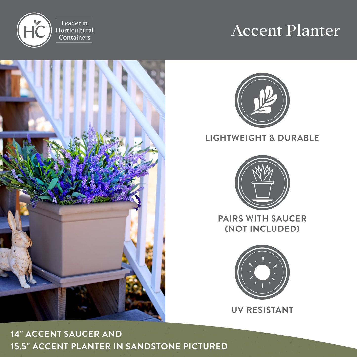 The HC Companies Accent Square Plant Pot w/Drainage - Classic Planters for Outdoor Plants & Indoor Plants - Lightweight & UV-Resistant Square Planter Box (15.5”, Chocolate, Pack of 1)