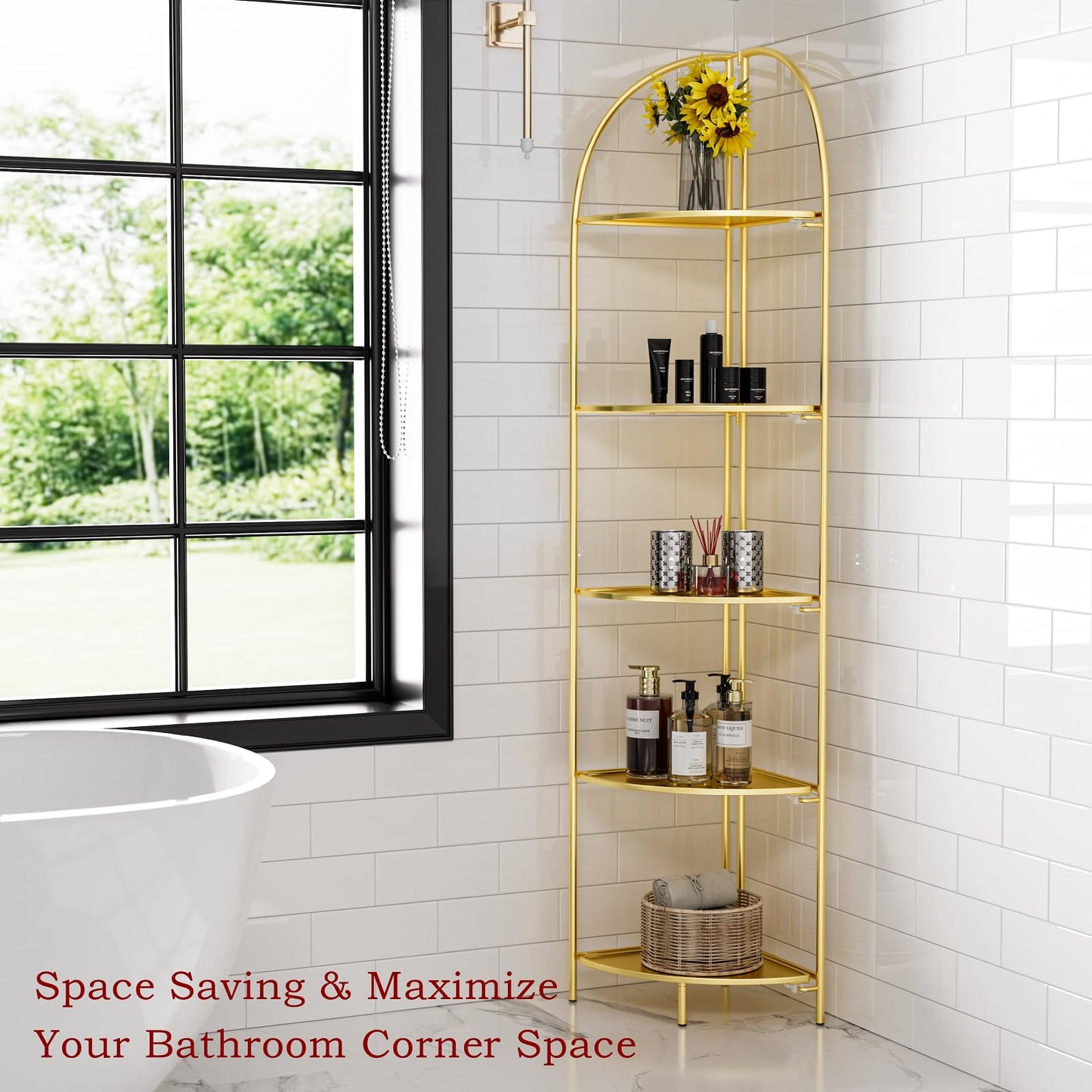 Crofy Foldable 5 Tier Corner Shelf, Metal Corner Plant Stand with Gold Frame and Gold Shelves, Corner Display Rack Multipurpose Shelving Unit for Living Room, Bedroom, Bathroom