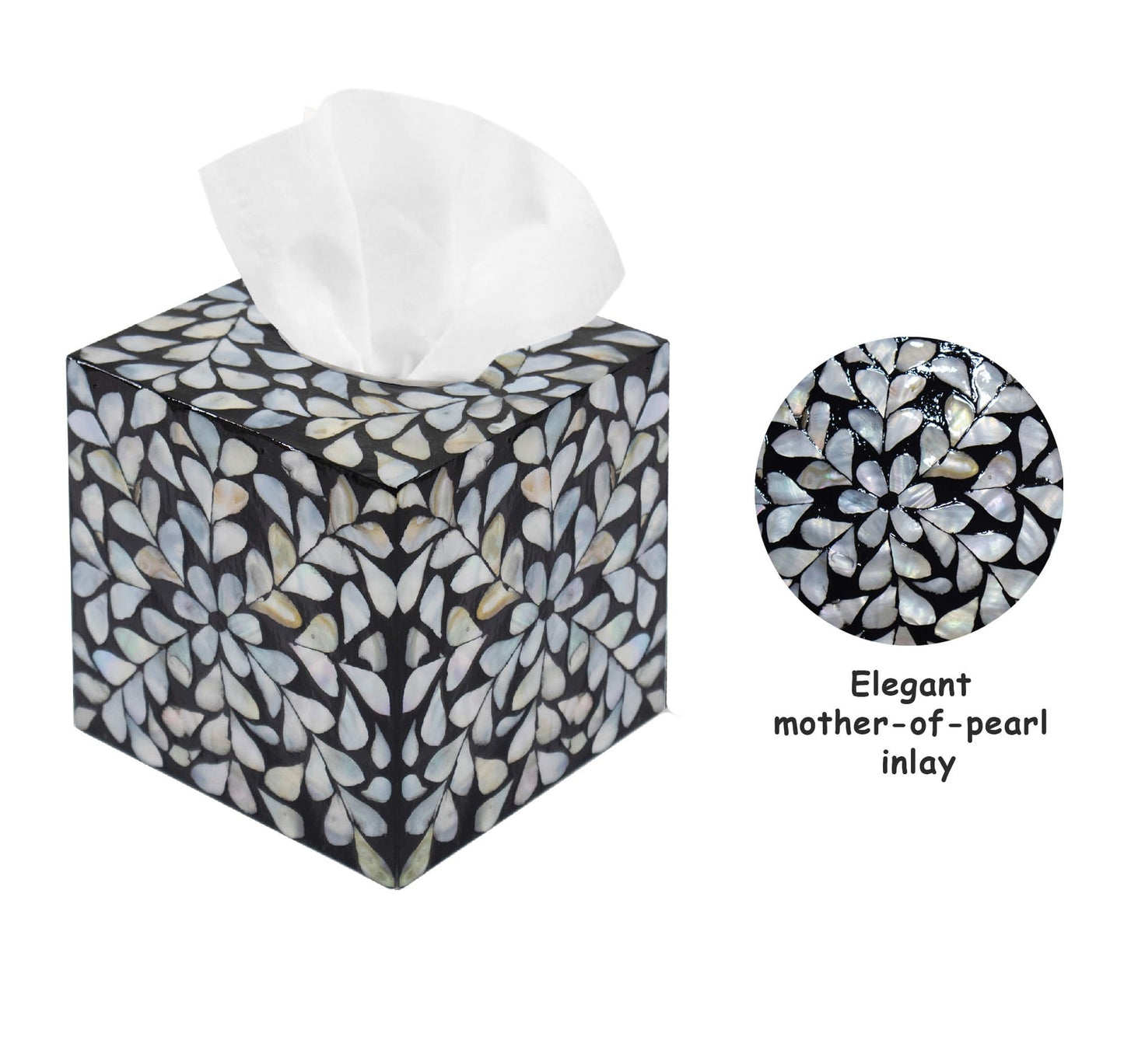 PEMAR Handcrafted Wooden Tissue Box Cover for Small Cube Tissue Boxes Only (Max Inner Size 4.7”) – Mother of Pearl Inlay Decorative Tissue Holder for Bathroom, Living Room & Office (White Vines)