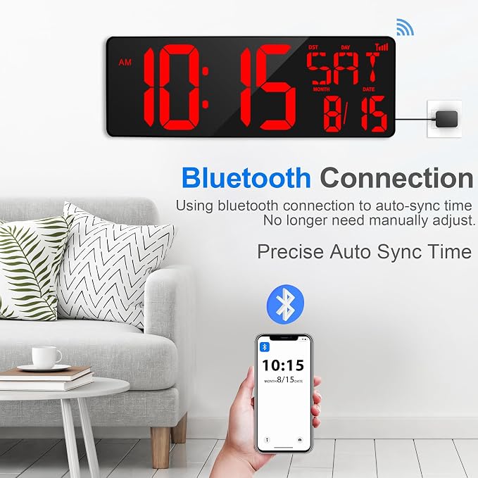 XREXS 17.2" Large Digital Wall Clock Bluetooth Sync Time, Precise Atomic Clocks with Remote Control, Adjustable Dimmer Grandfather Clock, Temperature for Bedroom, Desk Alarm Clock for Elderly
