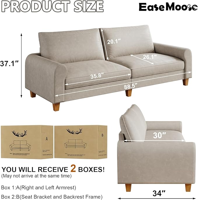 EASE MOOSE 88.5" Large Seat Faux Leather Loveseat Sofa, Waterproof and