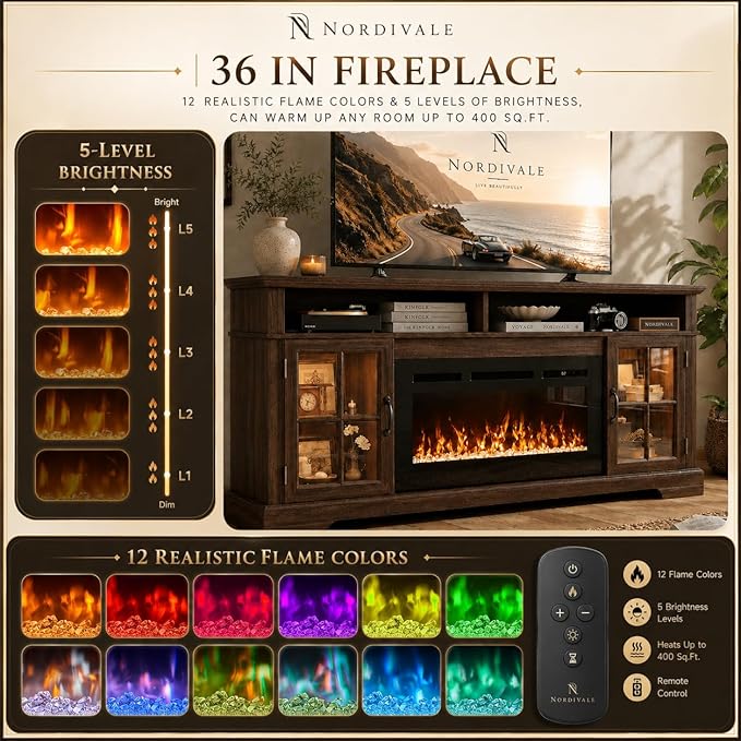 70" Fireplace TV Stand, Modern Entertainment Center