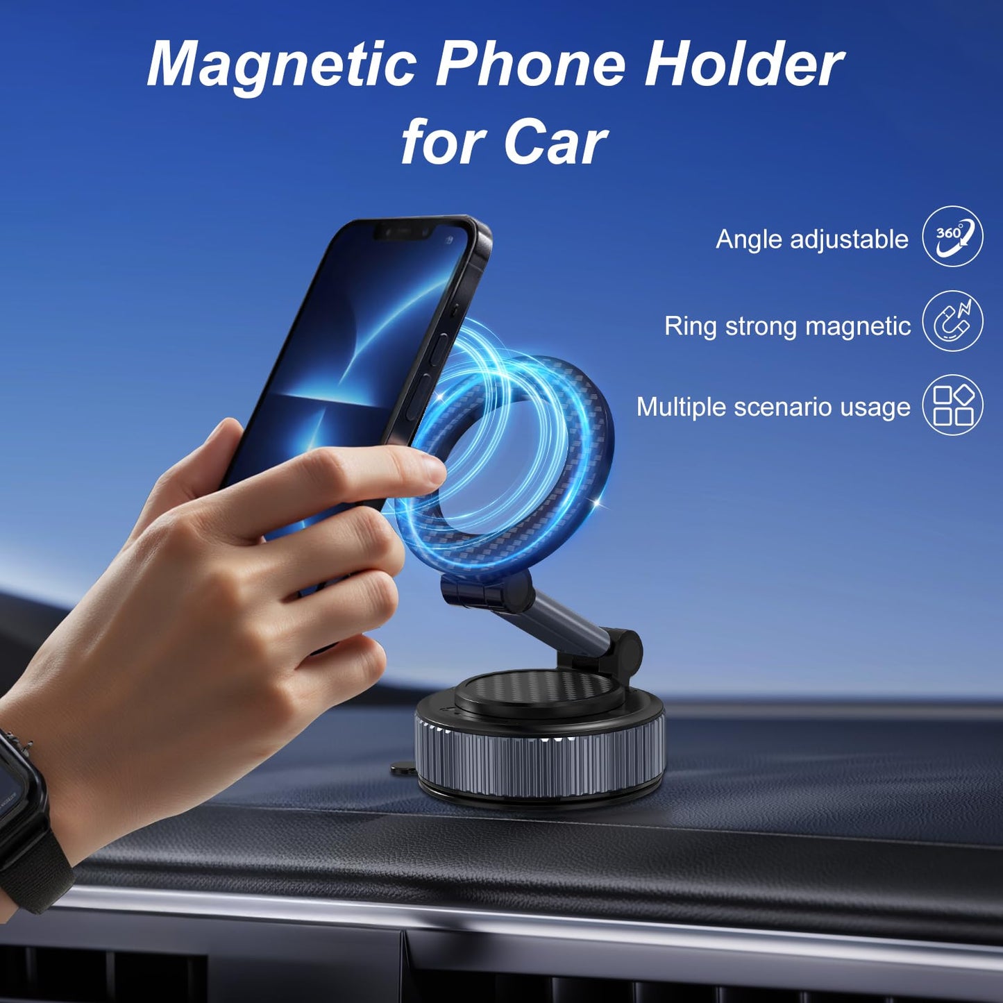 Magnetic Phone Charging Holder for Car - Upgraded 360° Vacuum Magnetic Phone Holder, Foldable Retractable Suction Cup Car Phone Mount for Magsafe for Your Car/Gym/Mirror Mount for iPhone & Android