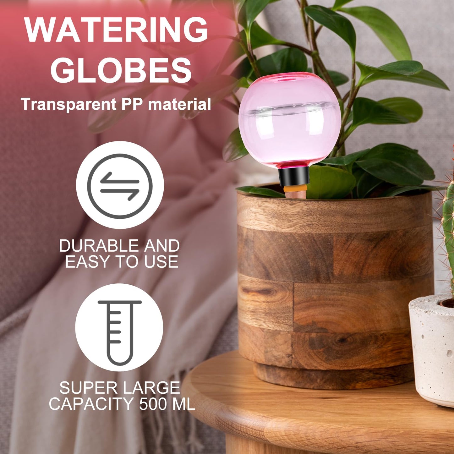 Ansberta 2 Pack Self Watering Globes 17oz Large Plant Watering Globes Top Fill, Self Water Planter Insert Indoor/Outdoor Plastic Water Bulbs Slow Release Terracotta for Plants, Pink