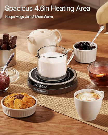 Coffee Mug Warmer for Desk, 50W Fast Heating Cup Warmer with Smart Display, 4 Temps & 12H Timer, Auto Shut Off for Tea, Milk, Hot Drinks - Wood Effect