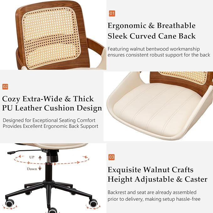 Home Office Desk Chair with Ergonomic Rattan Backrest, Walnut Crafts, Curved