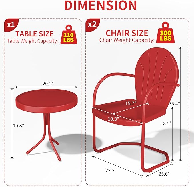 3 Piece Bistro Set, Anti-Rust Table and Chairs Set of 2, Waterproof Retro Metal