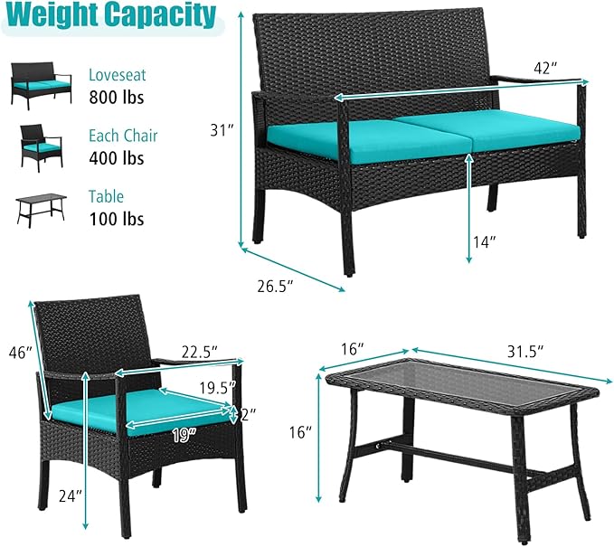 Tangkula 4 Pieces Rattan Conversation Set, Patio Sofa Couch Set