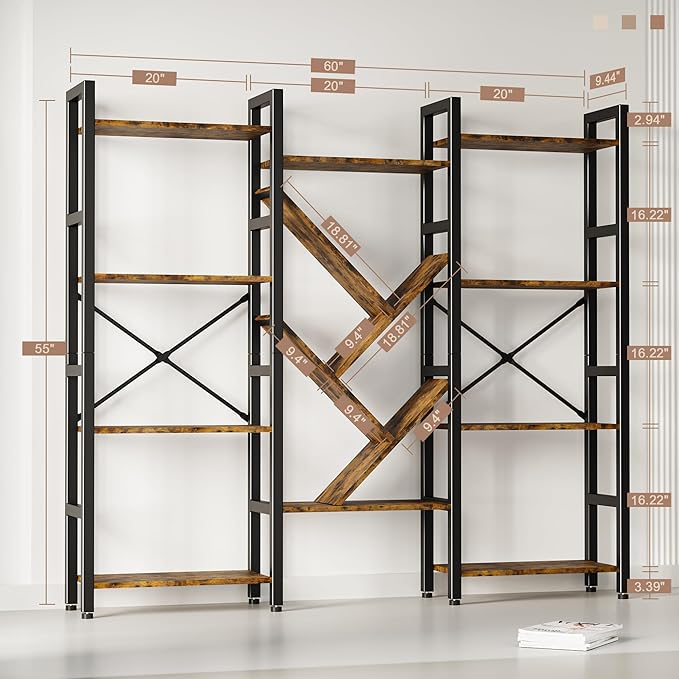 INNOD Triple 4 Tier Book Shelf, Large Industrial Bookcase