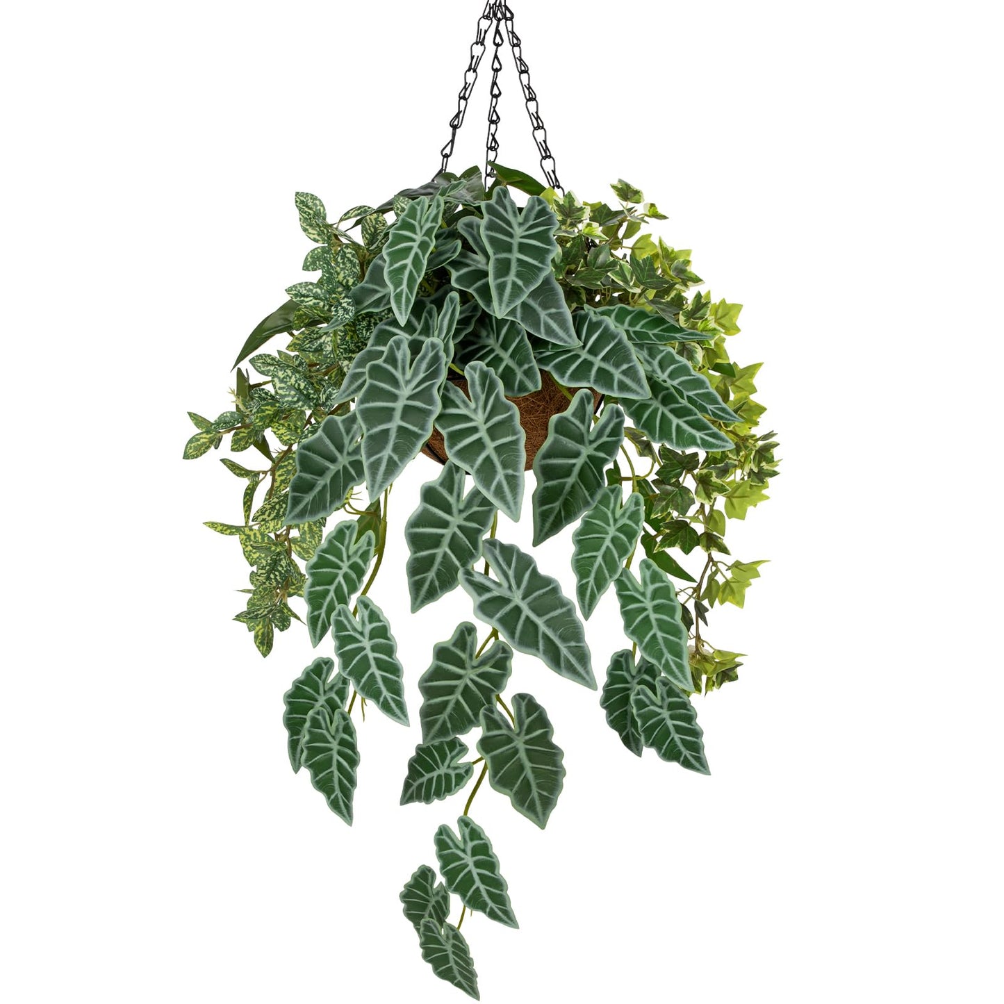 Fake Hanging Plant with Pot, Large Hanging Artificial Plants with Basket & Hanger Faux Greenery Plants Indoor Outdoor Decor Fake Alocasia Longiloba Plant in Pot for Wall Balcony Patio Office Bathroom