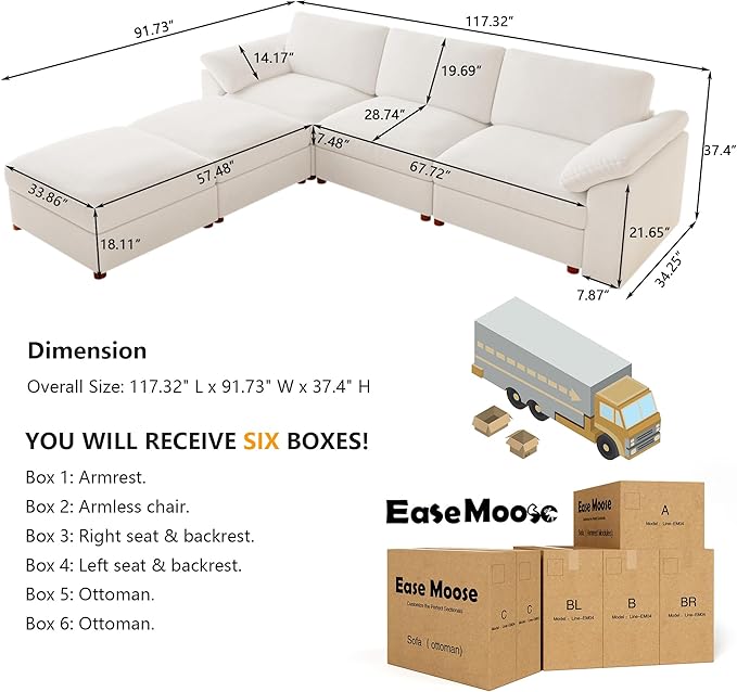 EASE MOOSE Oversized U Shape Sectional Modular Sofa, Wide Deep seat Sectional