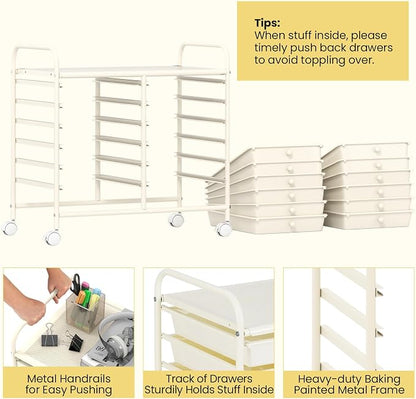 COSTWAY 12-Drawer Rolling Storage Cart, Utility Storage Organizer Cart for Tools, Scrapbook, Paper, Craft, Multipurpose Art Supply Organizer on Wheels for Home Office School, Teacher, Ivory White