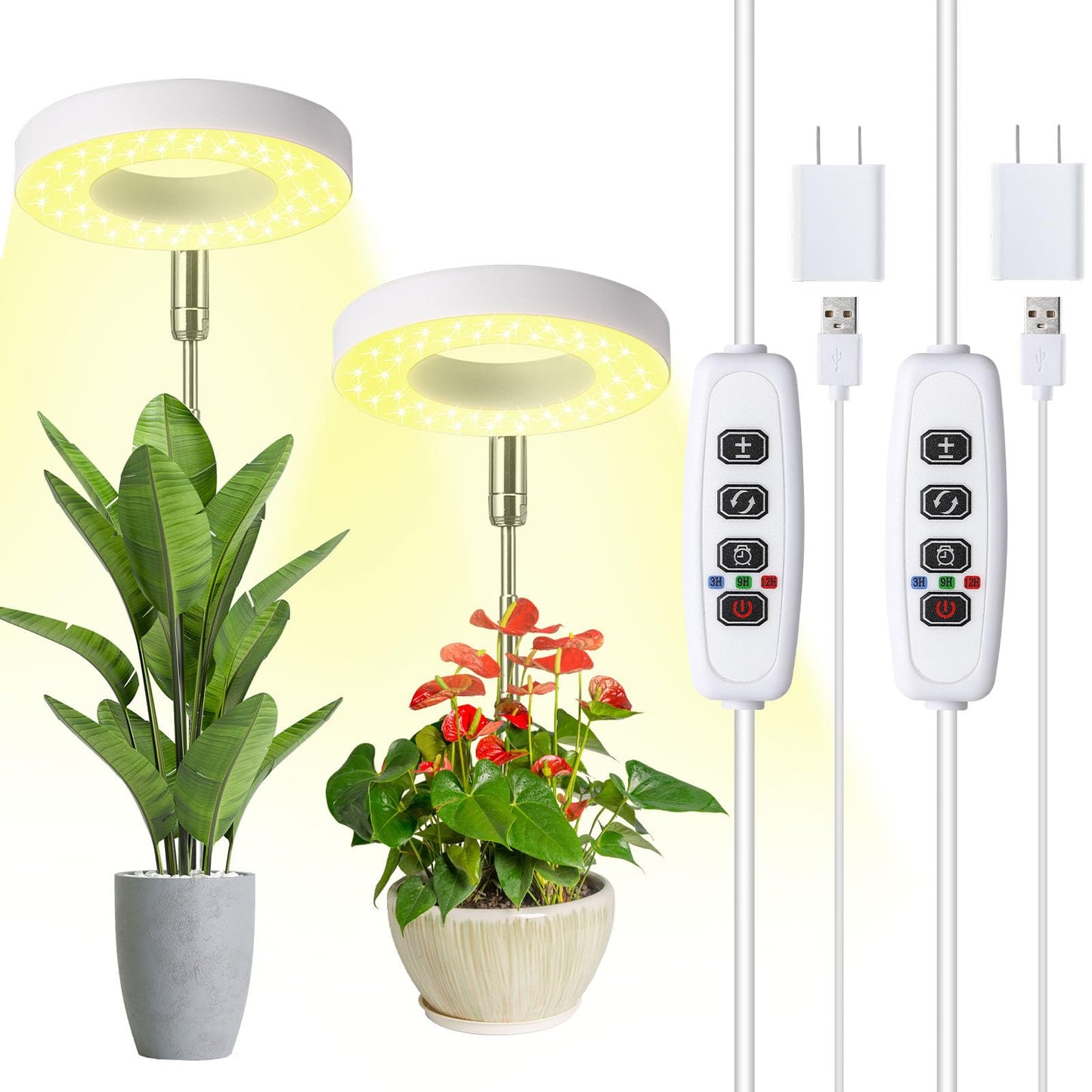 Halo Ring Grow Lights for Small Indoor Plants, Warm+White 96LEDs Full Spectrum Plant Light, Height Adjustable with Adapter, 3/9/12H Timer, 3 Spectral Modes, 10 Dimmable Levels, Angel Ring 2 Pack
