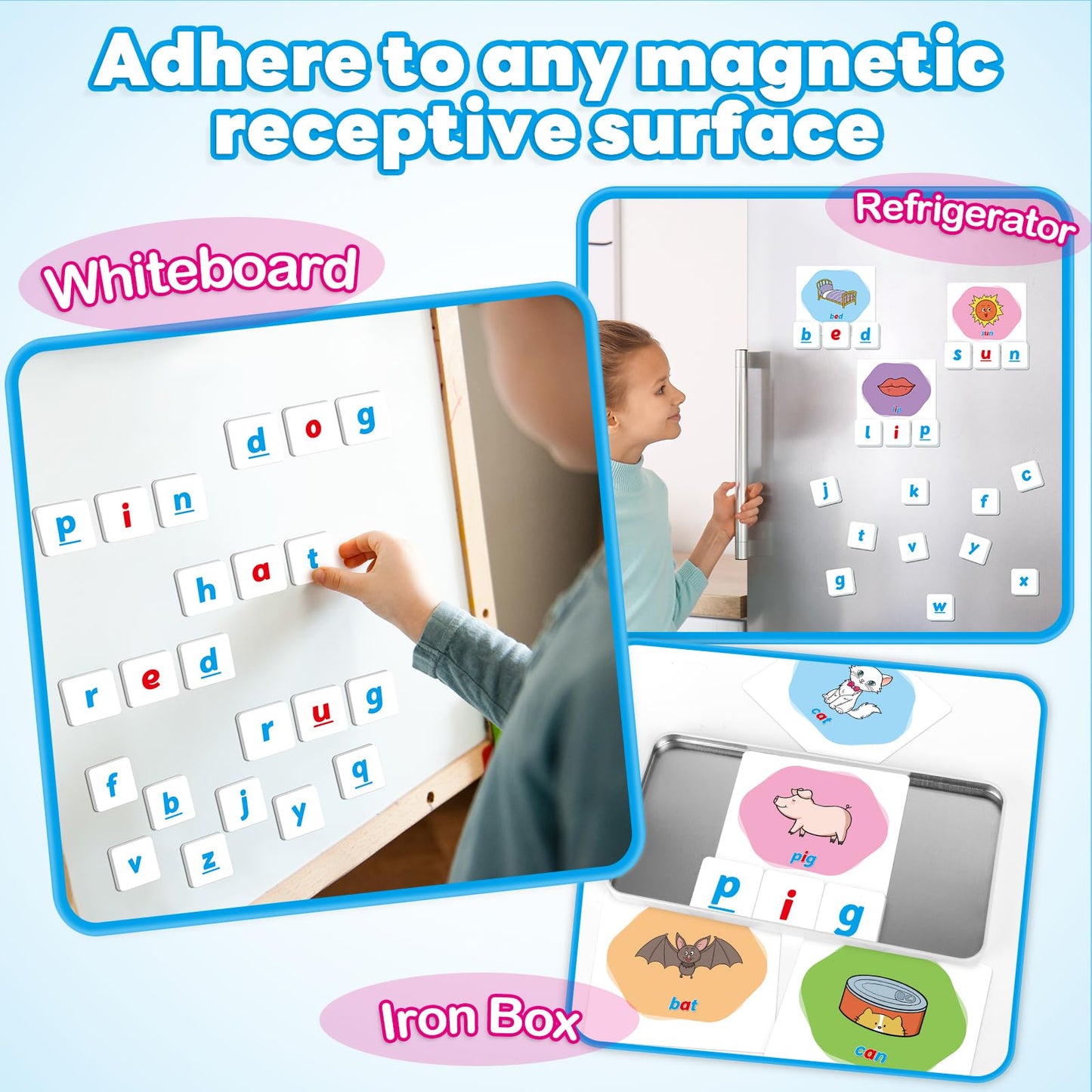 Kasfalci CVC Word Games,Magnetic Letters & Flash Cards,Phonics Games,Alphabet Learning Toys, Refrigerator Fridge ABC Magnets for Kids,Speech Therapy Toys for Toddler,Spelling for Preschool Classroom