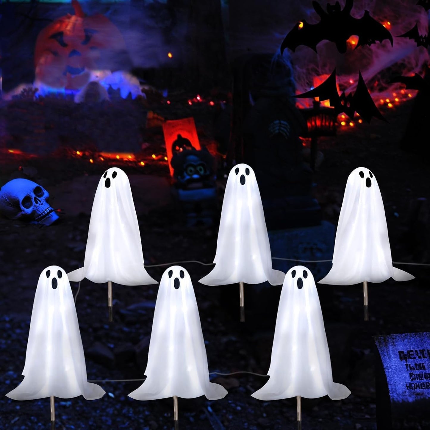 3Pack Halloween Solar Pathway Lights Ghost Stake Lights, Solar Powered Outdoor Decor for Yard, Lawn, Party & Halloween Decoration