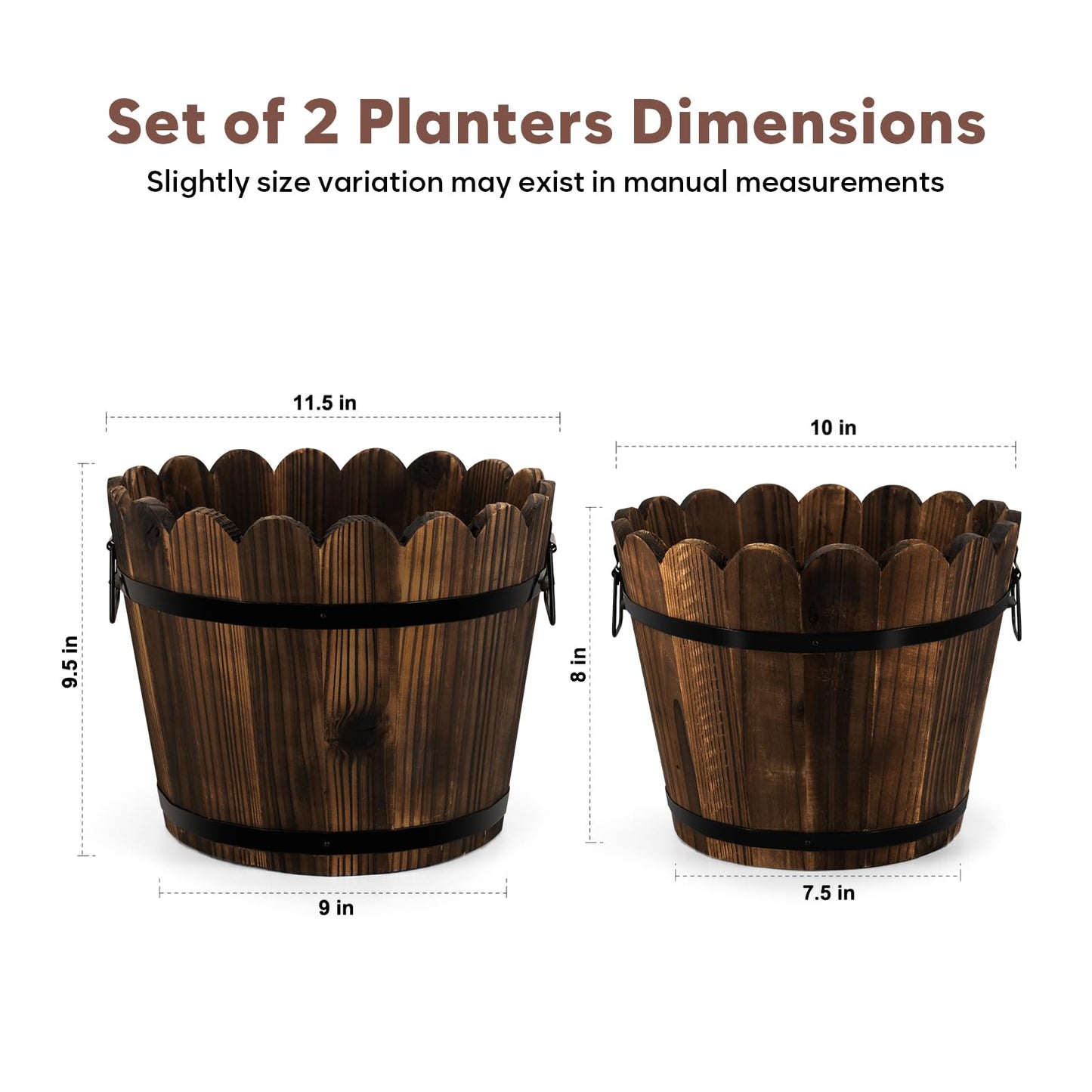HakkaGirl Wooden Barrel Planters Flower Pots for Indoor Outdoor Plants, 10+11.5 inch Rustic Patio Garden Front Porch Planters Plant Pots Outdoor Decor Set of 2