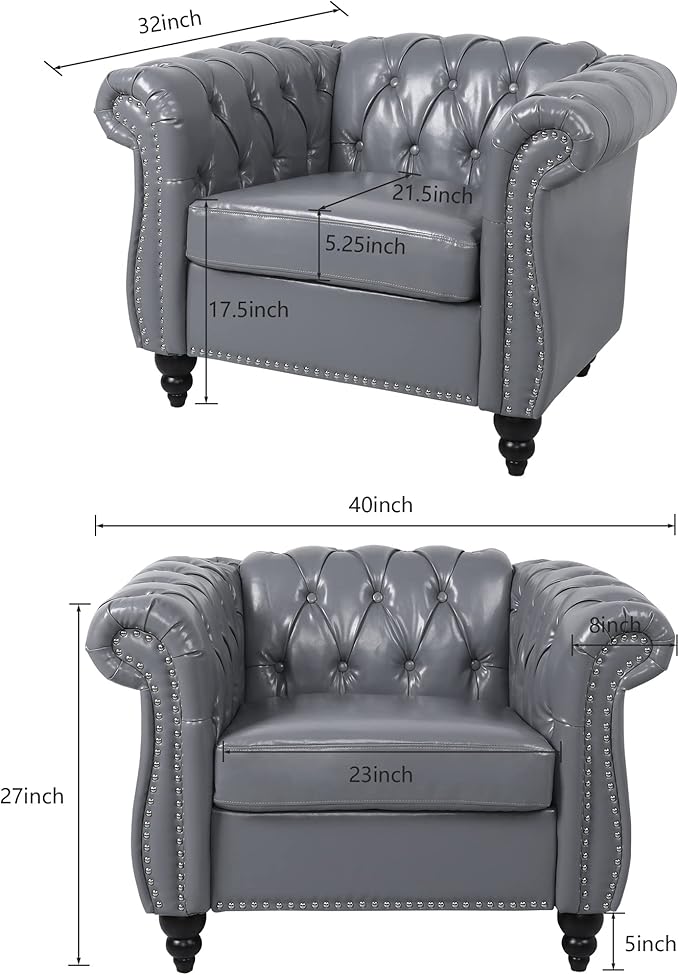 ORRD 3 Piece Living Room Set, Chesterfield Leather Sofa Loveseat Couch Chair