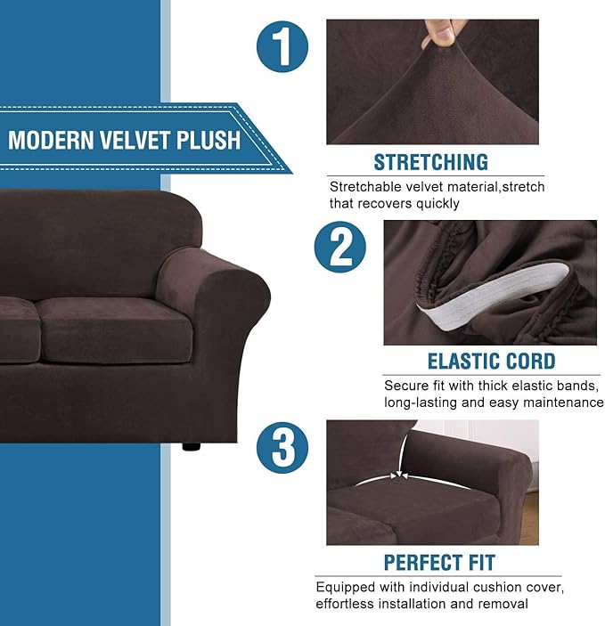 H.VERSAILTEX Real Velvet Plush 3 Piece Stretch Sofa Covers Couch Covers
