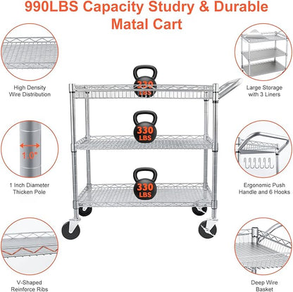 BolDuck Heavy Duty Utility Cart, 990Lbs Capacity 3 Tier Rolling Carts with Wheels, Kitchen Cart on Wheels with Storage, Commercial Grade Metal Serving Carts with Wire Shelving &Handle Bar, Silver