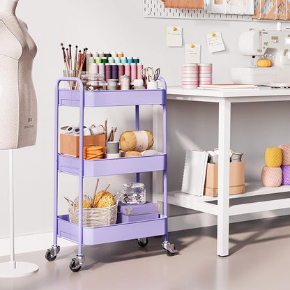 TOOLF 3-Tier Rolling Cart - Metal Utility Storage Organizer with Lockable Wheels, 33 lbs Per Shelf, Tool-Free 5-Min Assembly, for Kitchen Bathroom Office Nursery Craft Room, Purple