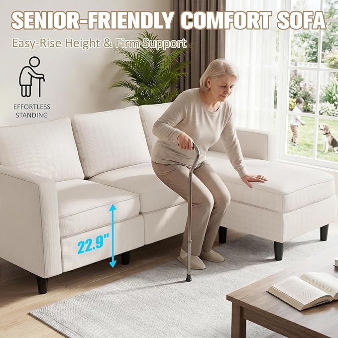 JAMFLY Sectional Sofa for Living Room, 3-Seat Reversible Couch