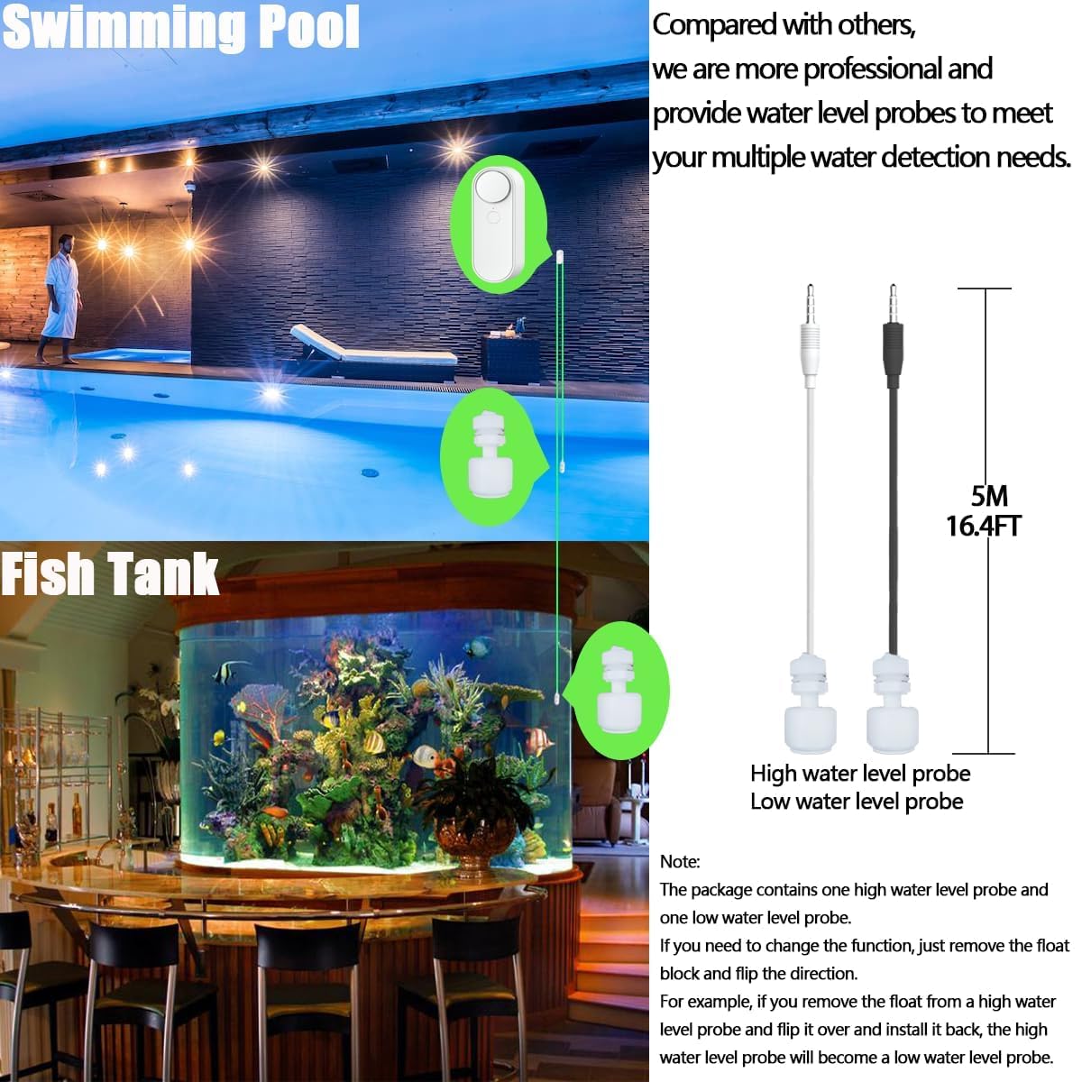 WiFi Water Level Detector with Dual Probe, Smart High/Low Water Level Sensor Alarms, Detached 16.4FT Detection Line, Left and Right Dual Alarms, Remote App Monitoring, Dual Alerts, AAA Battery Powered