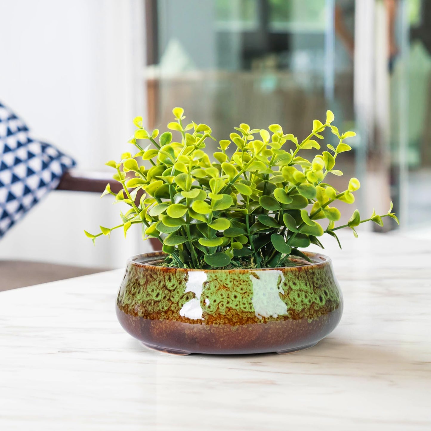 ARTKETTY Succulent Pots - 8 Inch Plant Pot, Large Bonsai Pots with Drainage, Ceramic Planters for Indoor Outdoor Plants, Round Shallow Cactus Flower Plant Container Bowl Decorative Home Garden