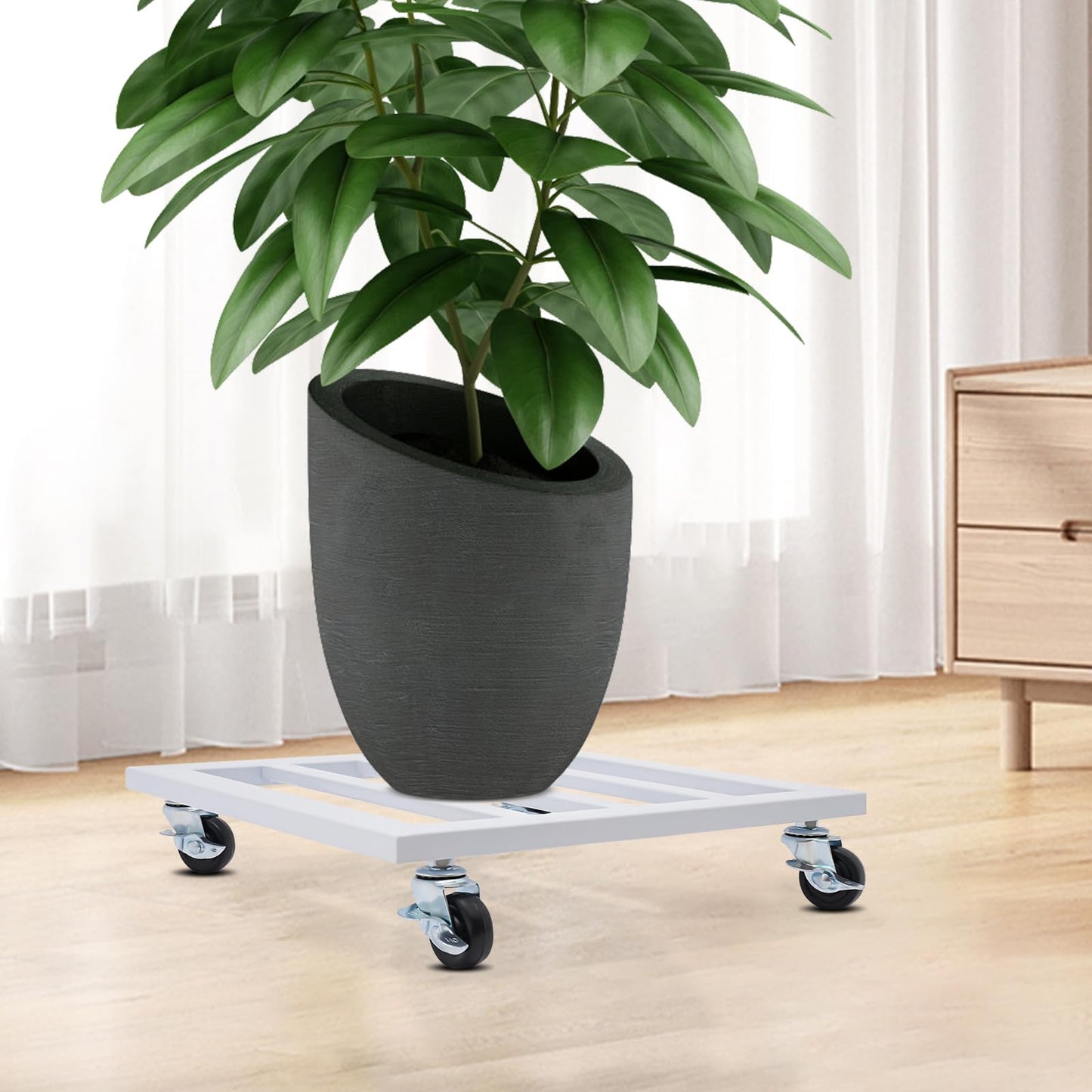 Plant Caddy with Wheels Plant Caddy with Lockable Caster Metal Square Planter Dolly Holds up 150 Lbs Strong Plant Stand for Indoor, Outdoor (White (14 inch))