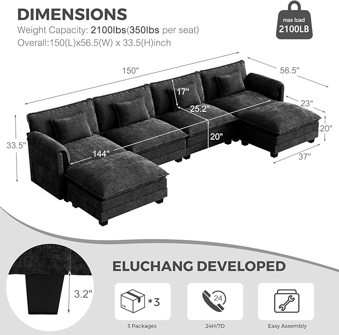 ELUCHANG 150" Modular Sectional Sofa, Comfy Deep Seat Cloud Couch, 6 Seater U