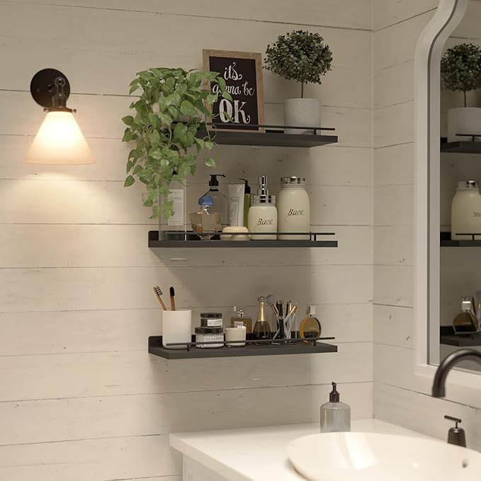 WOPITUES Floating Shelves with Black Metal Guardrail, Shelves