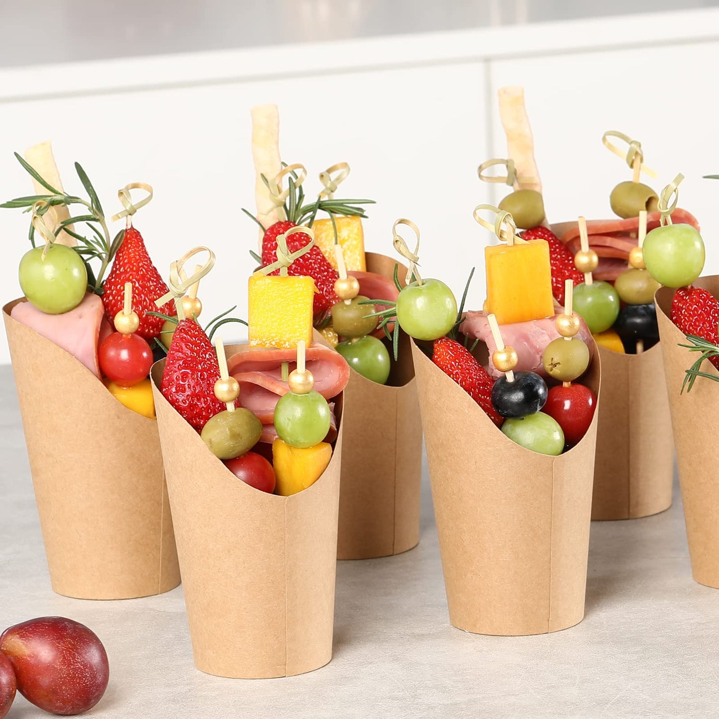 50 Charcuterie Cups with Sticks + 200 Cocktail Picks + 50 Labels, Disposable French Fry Holder with Bamboo Skewers Toothpicks, 12 oz Brown Kraft Paper Appetizer Cups Charcuterie Boards Accessories