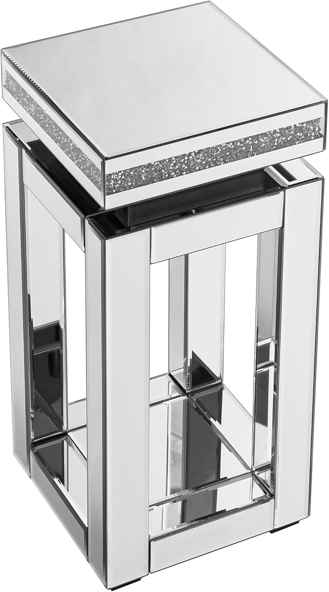Mirrored End Table Square with Crystals, 2-Tier Modern Small Sofa Table with