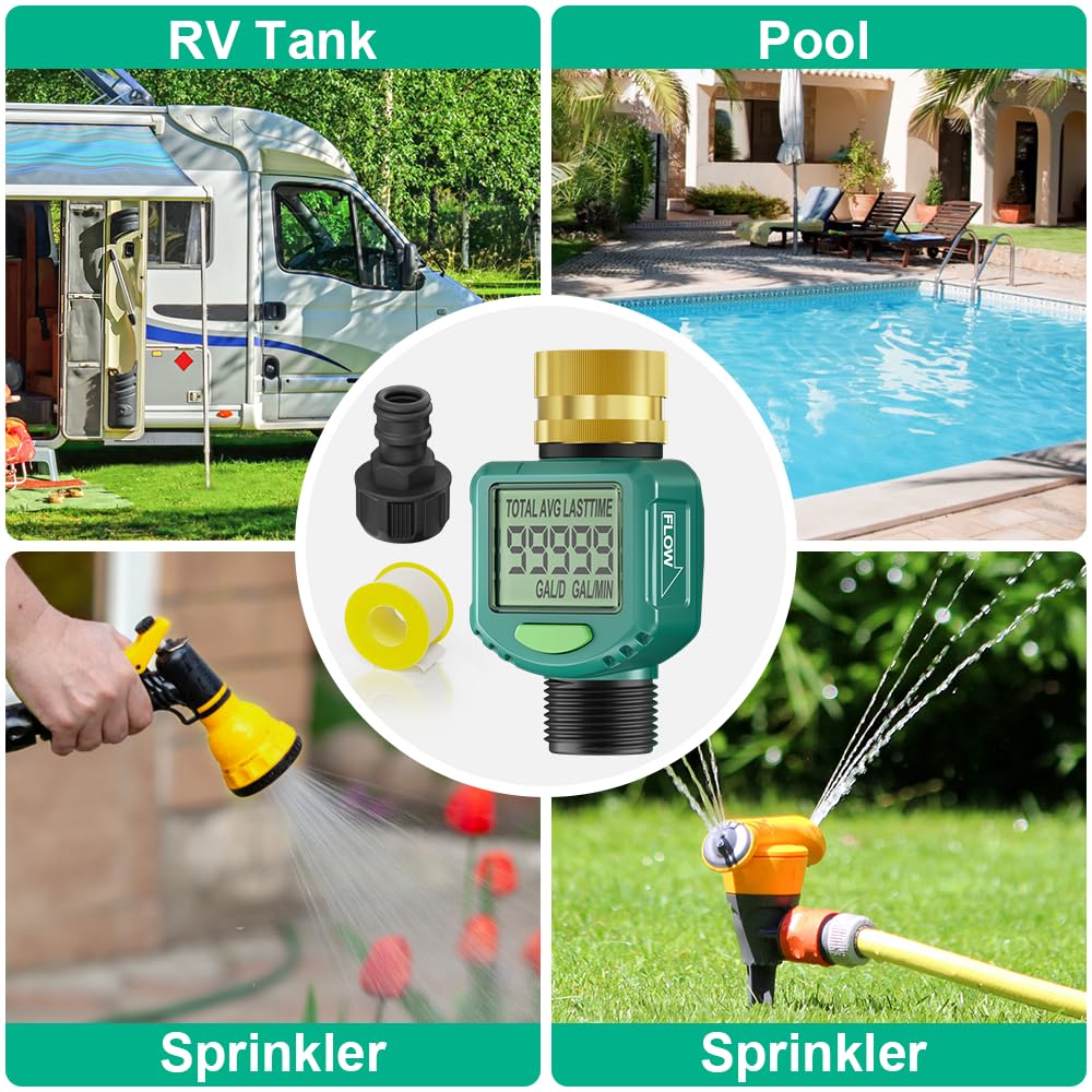 Water Flow Meter with 180° Flip Screen - ±5% Accuracy, Brass Inlet, Waterproof LCD Water Meter for Outdoor Garden Hose, RV & Irrigation, Lawn Sprinkler Watering, Measure Gallon/Liter