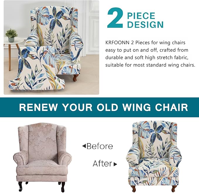 KRFOONN Stretch Wing Chair Slipcovers Printed 2 Piece Wingback Chair Covers