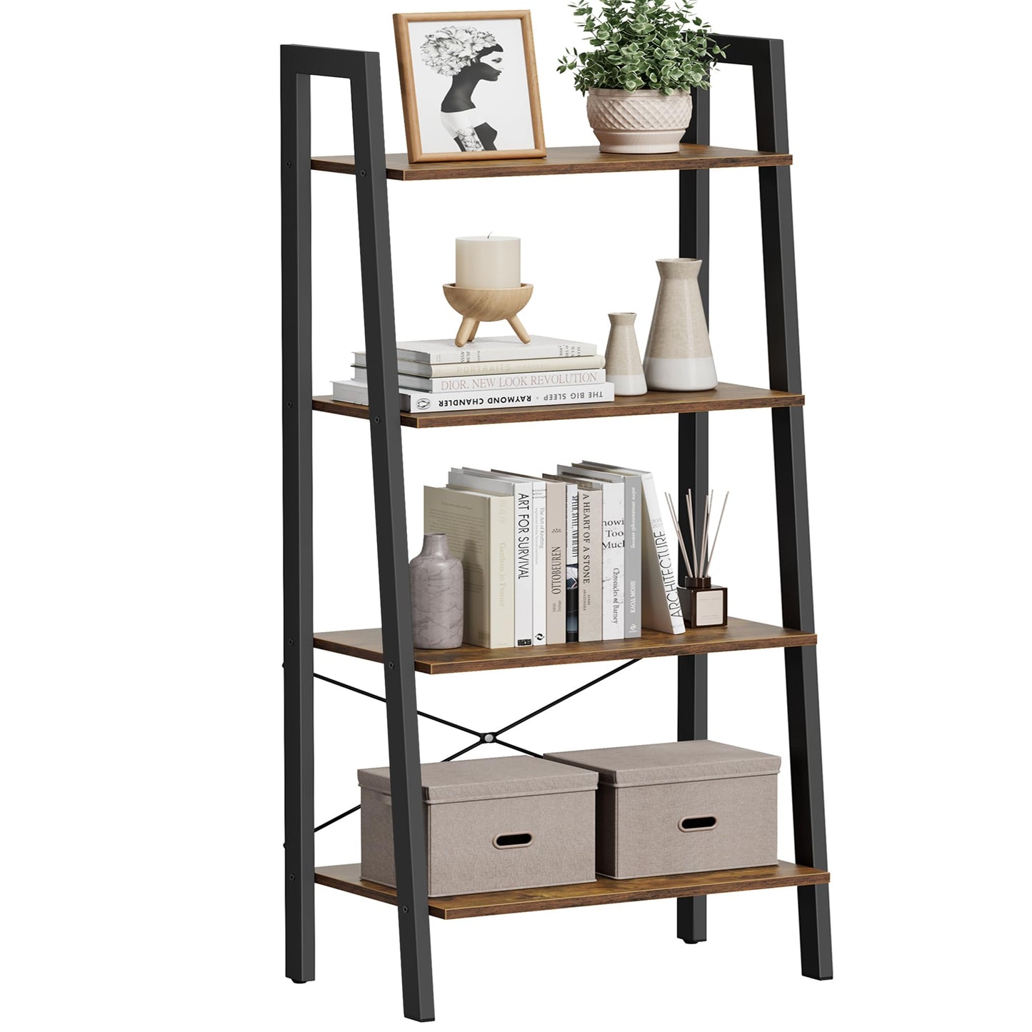 VASAGLE BARNET Collection - Ladder Shelf, Bookshelf, Storage Rack, Modern Bookcase for Living Room Home Office Kitchen, Steel Frame, 4-Tier, 22-Inch Wide, Rustic Brown and Ink Black ULLS44X