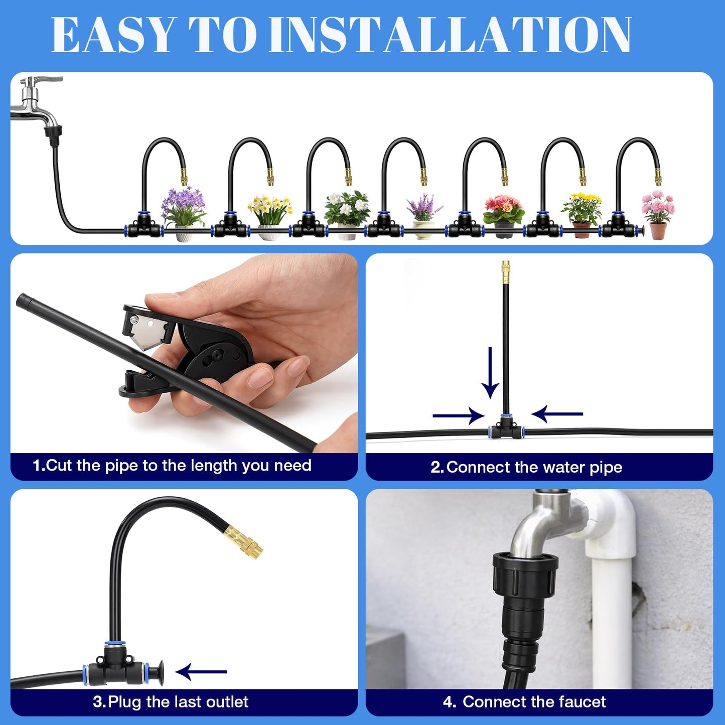 GOTGELIF 100FT Drip Irrigation Kit, with 25Pcs 360° Adjustable Nozzles, 5/16" Tubing, 30 T-connectors, Water-Saving System, Garden Watering Sprinkler for Greenhouse, Vegetable,Potted Plants, Lawn