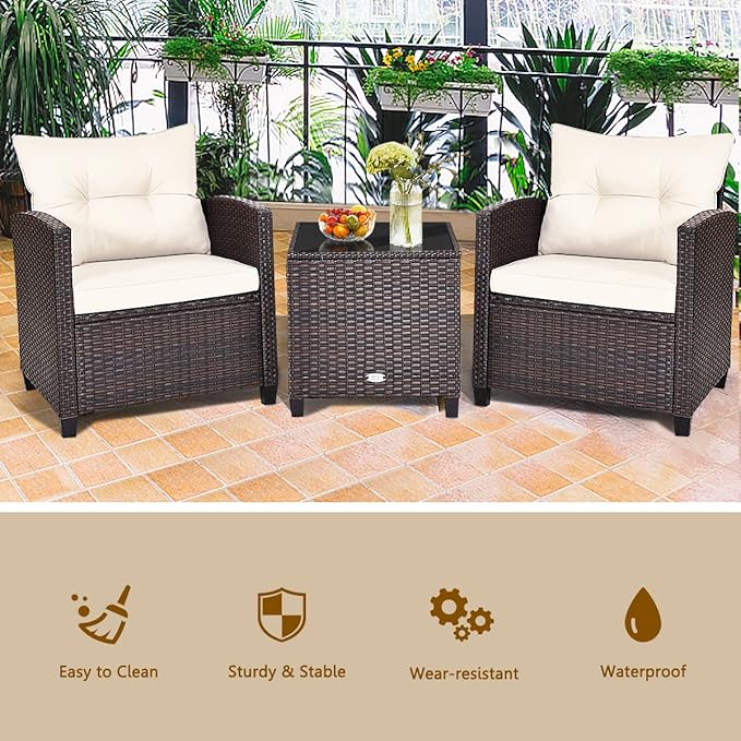 COSTWAY 3PCS Patio Furniture Set, PE Rattan Wicker Sofa w/Washable Cushion and